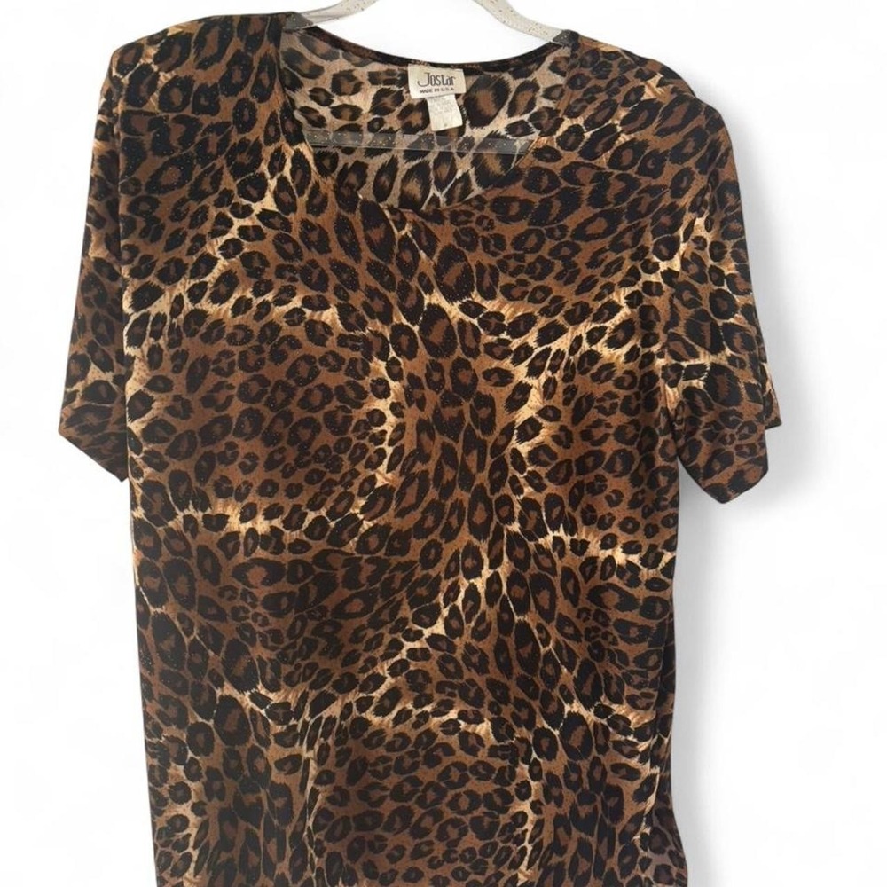 Early 2000s grandma core leopard print padded shoulder top MADE IN USA